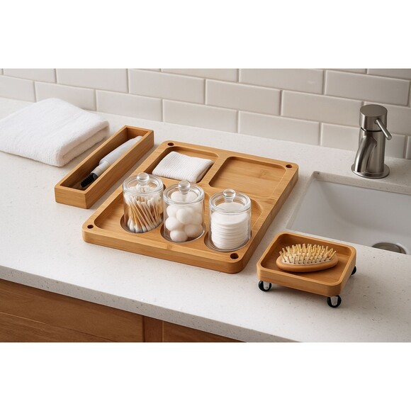 Brightroom Bamboo Drawer Organizer Set – 3 Pieces – Kitchen Bathroom Office - Picture 1 of 16